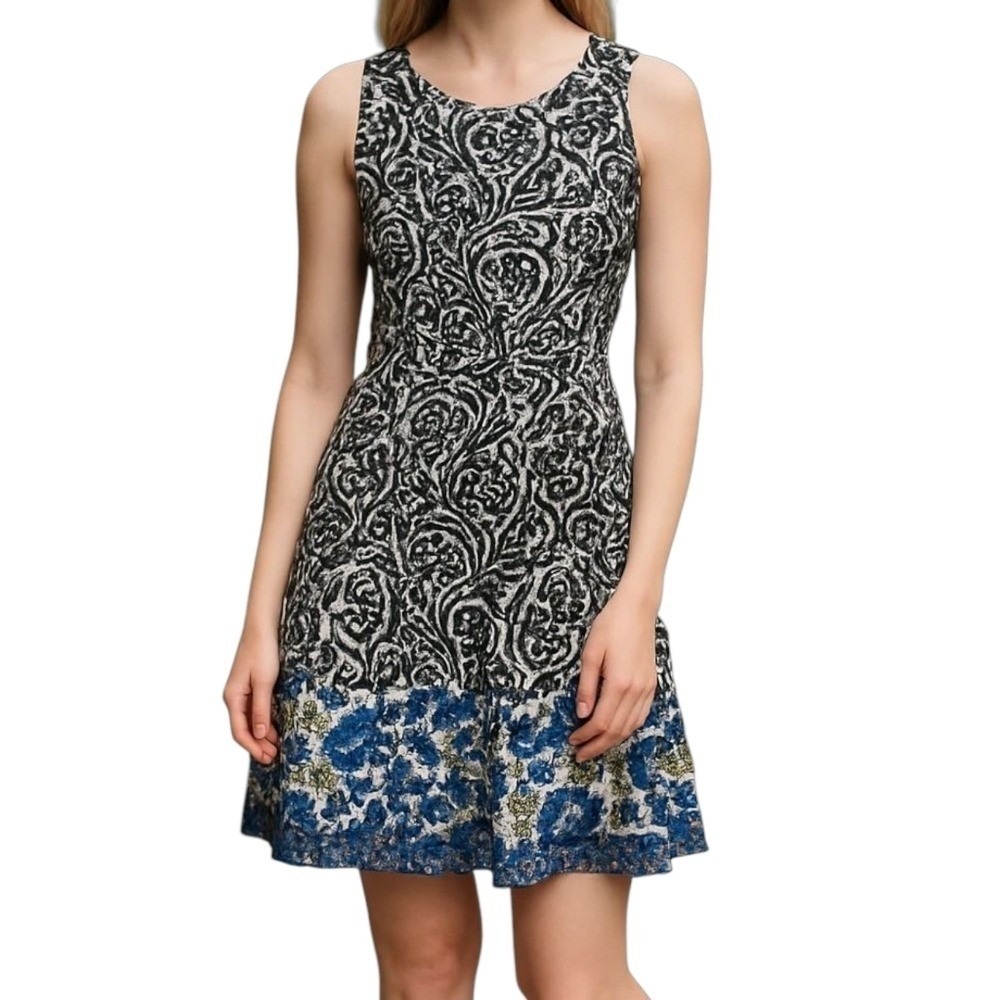 NU NEW YORK Paisley Floral Dress Sleeveless A Line Sz Medium Black Scoopneck Y2K